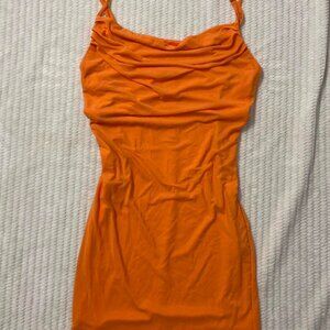 orange mesh cowl neck dress
